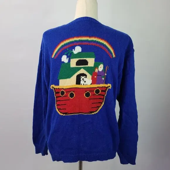 Susan Bristol Blue Red Green Noah's Arc Animals Knit Cardigan Sweater M - Picture 2 of 4